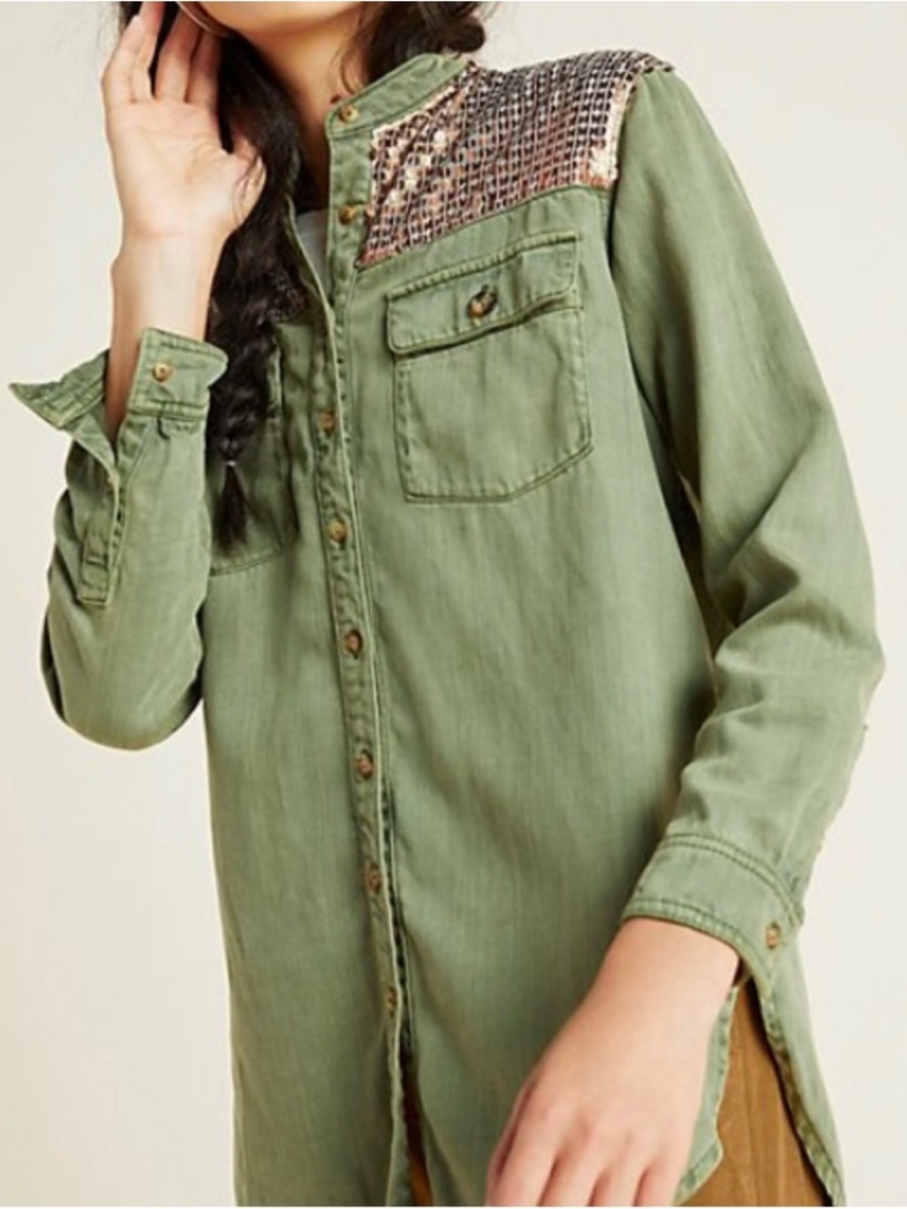 Anthropologie Olive Green Button-Down Shirt with Sequin Shoulder